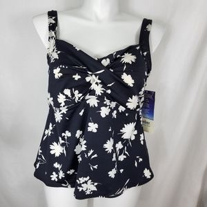 Gabar Swim Twist TANKINI TOP Womens Size 20W Black White Floral Bathing NWT